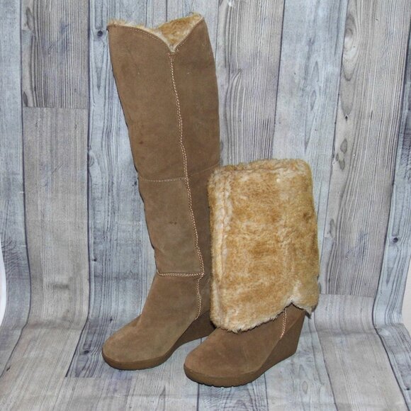 BEARPAW Highland Knee High Chestnut Suede/Sheepskin Wedge Boots Womens Size 8 - Picture 4 of 9